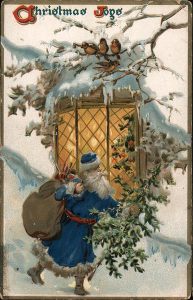 Santa Rushes by a Bay Window with Toy Sack and Christmas Tree