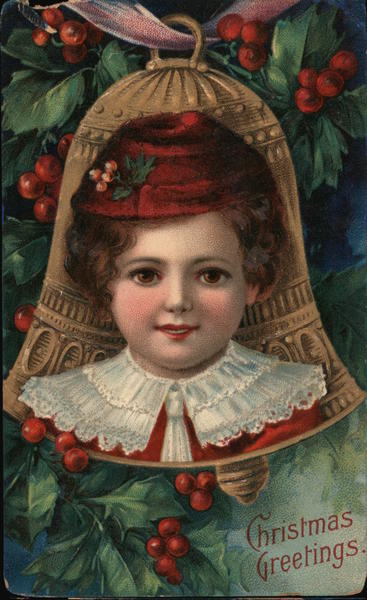 Christmas Greetings  Child's image on Christmas bell. Embossed