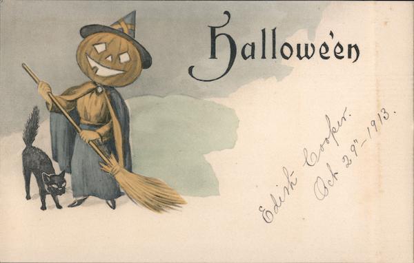 Hallowe'en (pumpkin-head witch with broom and cat)