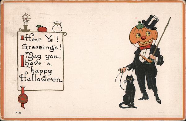 Jack o' Lantern in Top Hat and Tails with Black cat send Halloween Greetings