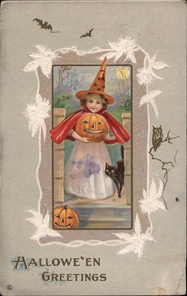 Hallowe'en Greetings. Witch, pumpkin, black cat Halloween