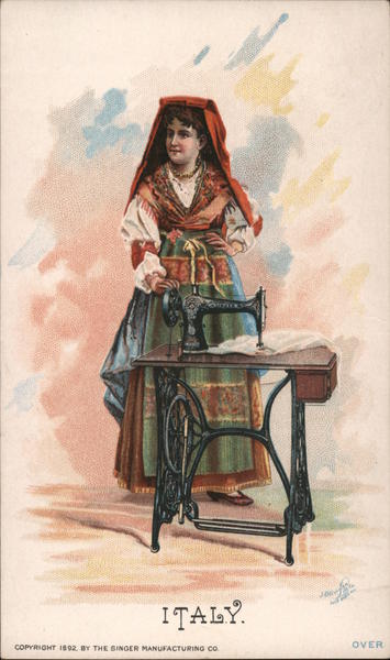 Italy. Woman standing with pedal sewing machine. The Singer Manufacturing Co.