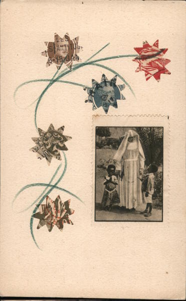 Art made of postage stamps: flowers and nun with children
