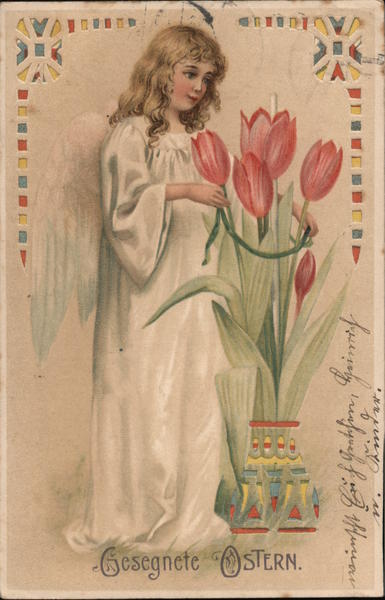 Blessed Easter. Girl with vase of large tulips Flowers