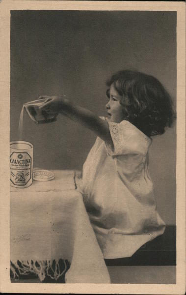 Girl with bowl of Galactina baby cereal Advertising