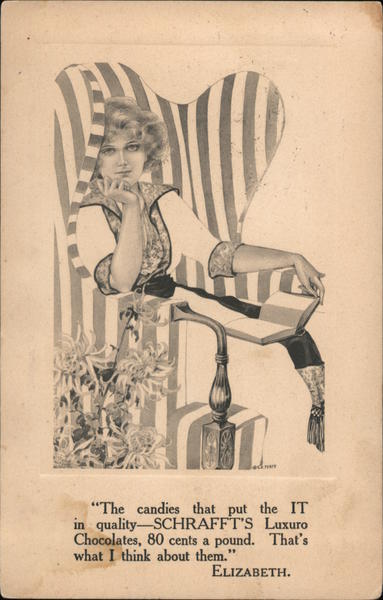 Fade-Away Schrafft's Luxuro Chocolates. Fade away card woman in striped chair
