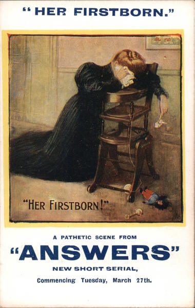 Scene from Answers. Woman crying over wooden high chair. Her firstborn!