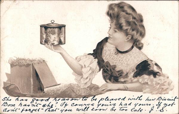 Peek Freans biscuit tin admired by woman Advertising