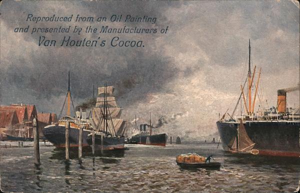 Van Houten's Cocoa. Reproduction of oil painting of ships and sailboats in harbor
