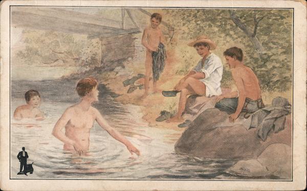 Boys swimming near a bridge, watercolor painting Advertising