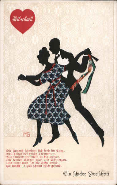 Silhouette couple dancing, text in German MG