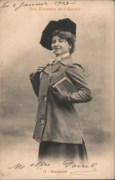 Woman smoking carrying books.The women of the future. Etudiant. Les Femmes de l'avenir