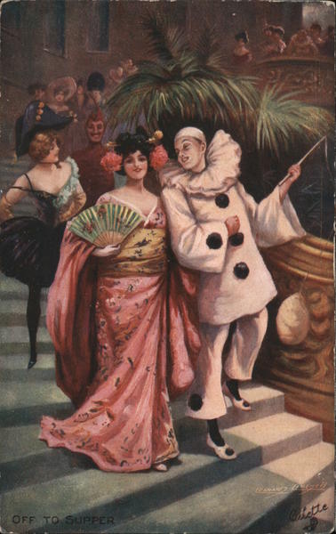 The Carnival. Off to supper. Going down a flight of stairs in costume.