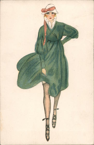 Woman in green dress showing stockings Women