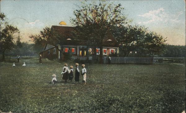 With all kind greetings and wishes for a merry Christmas. Farmstead with children in yard