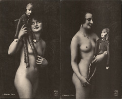 Set of 2: Nude woman with puppet / Marionette Postcard