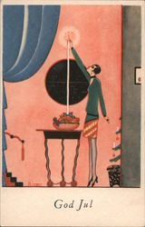 Tall Woman Lights a Tall Candle - Birger, Art Deco Postcard