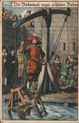 The baker's baptism because of too small bread. Man dunked in river in cage. Postcard