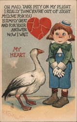 Goose, broken heart, young red haired boy. Poem. Postcard