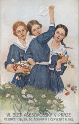 Three women in blue with flowers Postcard