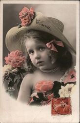 Colorized photo of little girl big hat pink flowers,Clairotte on hat Postcard