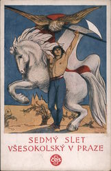 Sedmy slet vsesokolsky v praze: man with flag and white horse Postcard