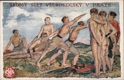 Sedmy Slet Vsesokolsky V Praze. Young men on hilltop posing, naked boy Postcard