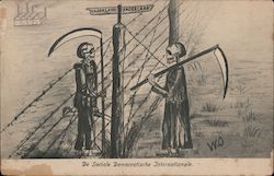 Two death figures meet at barb wire fence. De Social Democratische Internationale. Signed W. O. Postcard