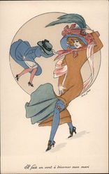 Il fait un vent a decorner mon mari - wind blowing dresses up as women walk Xavier Sager Postcard Postcard Postcard