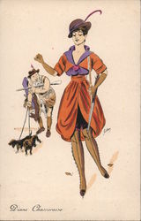 Diane Chasseresse. Woman hunter and porter with dogs, gun Xavier Sager Postcard Postcard Postcard