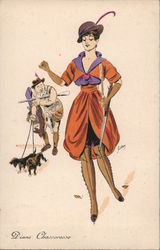 Diane Chasseresse. Woman hunter and porter with dogs, gun Postcard