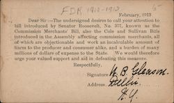 FDR Request for political support in defeating a bill in New York, 1913 Postcard