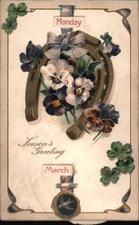 Season's greeting. Monday March, horseshoe with pansies, clovers Postcard