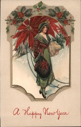 Happy New Year - Woman in a Poinsettia Patterned Coat Postcard