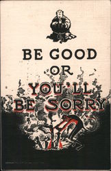 Be good or you'll be sorry. Friar prays as devil throws people into pit. Postcard