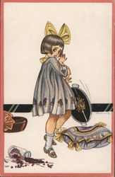 Little girl dropping tray, spilled bottle of berries Postcard