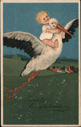 Hearty Congratulations. Stork carrying baby on back. Embossed Postcard