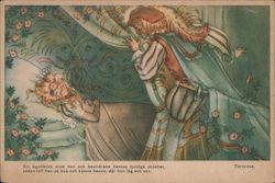 Sleeping beauty waiting for kiss from prince. Postcard