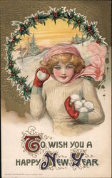 To Wish you a happy New year. Girl with snowballs Postcard