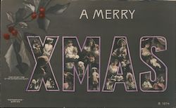 A Merry Xmas. People in XMAS letters. Hand Colored Postcard