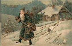 A Merry Christmas - santa walking in snow Postcard