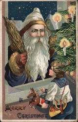 A Merry Christmas - Santa with candle lit tree, boy with horn and horse. Emobossed Postcard