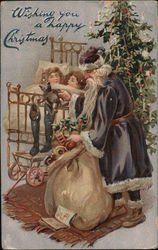 Wishing you a happy Christmas. Children in bed as Santa stuffs stockings. Postcard