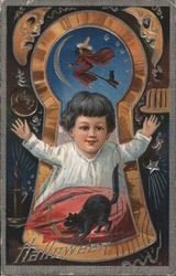 Halloween child and black cat Postcard