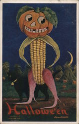 Halloween: monster made of vegetables, with a black cat Postcard