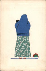 Woman made with fabric pieces. Postcard