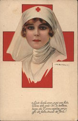 Red Cross nurse, red cross background. Signed Nanni Postcard