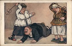 Cartoon of two women hitting a man with carpet beaters Postcard