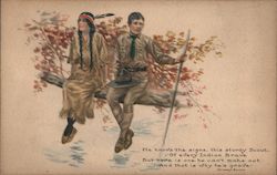 Indian maiden and boy scout sitting tree. Postcard