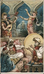 Arbuckle Bros. Coffee Turkey. Dancing girl,lute, checkers, storyteller Trade Card
